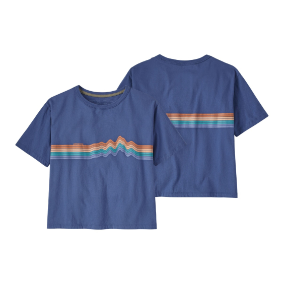 Front and back of the Patagonia womens organic cotton ridge rise stripe easy cut t-shirt in the current blue colour on a white background