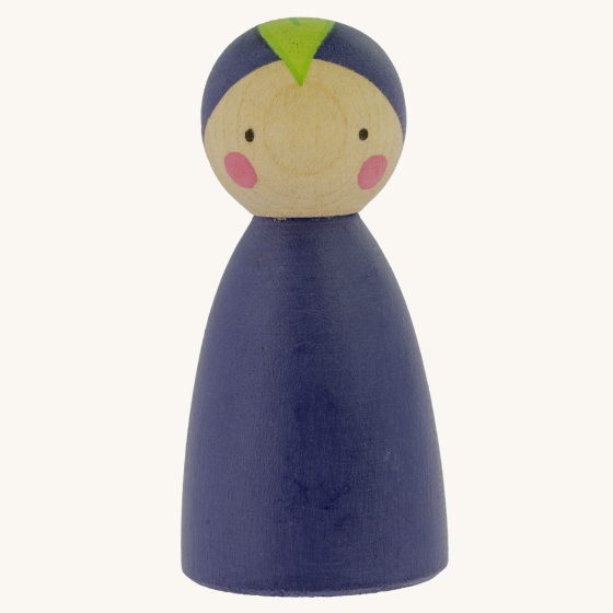 Peepul plastic-free handmade wooden aubergine peg doll toy on an off-white background.