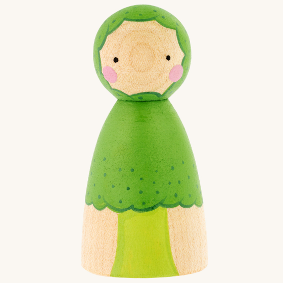 Peepul plastic-free handmade wooden broccoli peg doll toy on an off-white background.