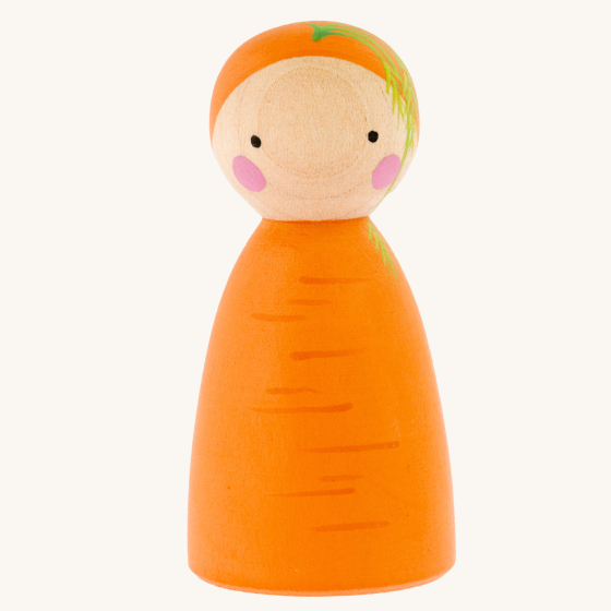 Peepul plastic-free handmade wooden carrot peg doll toy on an off-white background.