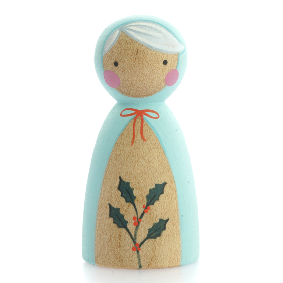 Peepul plastic-free handmade wooden Christmas Holly peg doll toy on a white background