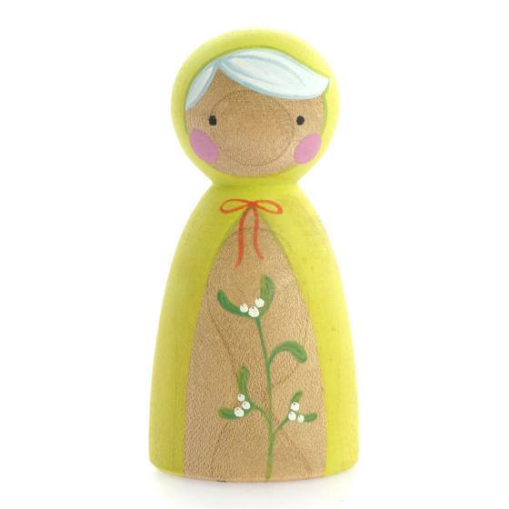 Peepul plastic-free handmade wooden Christmas Mistletoe peg doll toy on a white background
