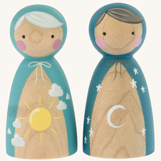 Peepul plastic-free handmade wooden night and day peg doll toy on an off-white background.