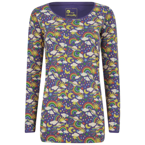 blue organic cotton long sleeve fitted top for adults with a fabulous rainbow weather and planets all-over print from piccalilly