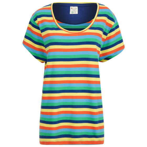 organic cotton short sleeve t-shirt with a scoop neck for grown-ups in bright rainbow stripes from piccalilly