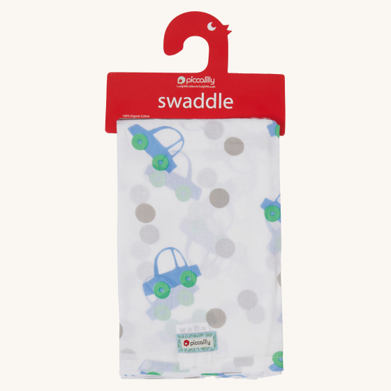 Piccalilly Organic Cotton Baby Muslin Swaddle - Beep Beep. A beautiful white muslin swaddle cloth with large prints of blue cars with green wheels, and light grey spots