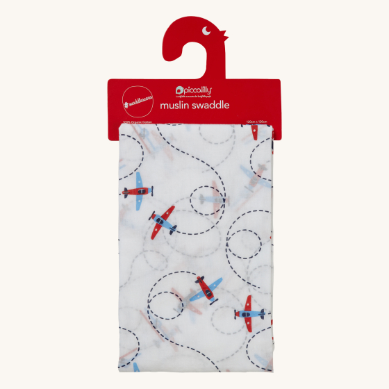 Piccalilly Organic Cotton Baby Muslin Swaddle - Loop the Loop. A beautiful white muslin swaddle cloth with colourful blue airplanes with red wings, and a black line print showing the loop the loops