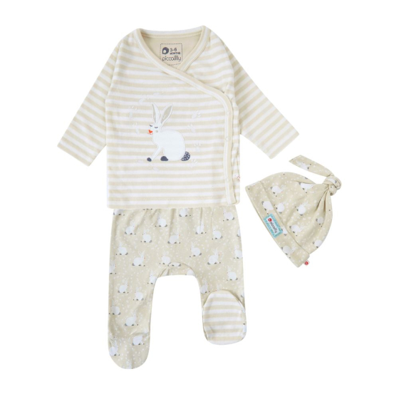 this Piccalilly Cotton Tail 3 Piece Baby Set is a super soft GOTS organic cotton jersey outfit for babies with an adorable white rabbit design