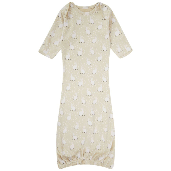 This Piccalilly Cotton Tail Baby Nightgown is a pale cream GOTS organic cotton nightgown with an adorable white rabbit all-over print that's perfect for sleepy babies at bedtime