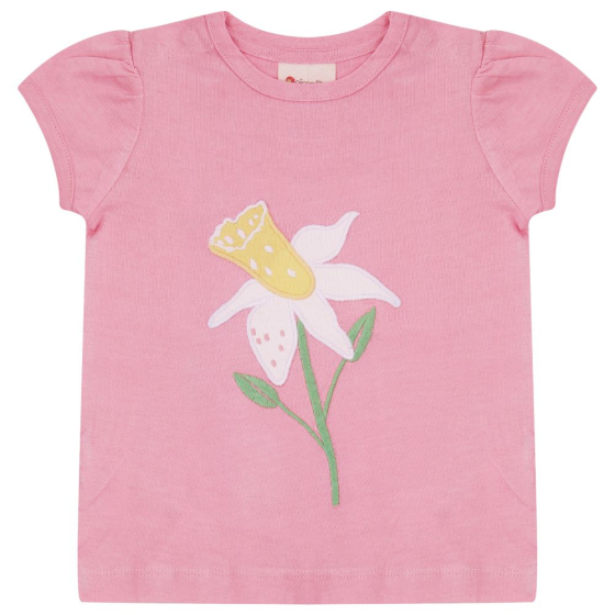 pink organic cotton t-shirt with the white daffodil applique from piccalilly
