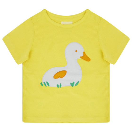yellow organic cotton kids t-shirt with the central duckling applique from piccalilly