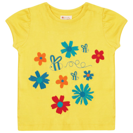yellow short sleeve top with the flowers and bees embroidery from Piccalilly
