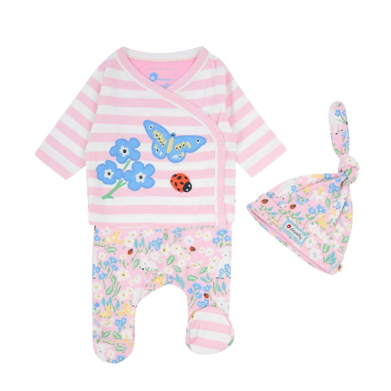 soft pink organic cotton 3-piece baby set with the little lamb print  from piccalilly