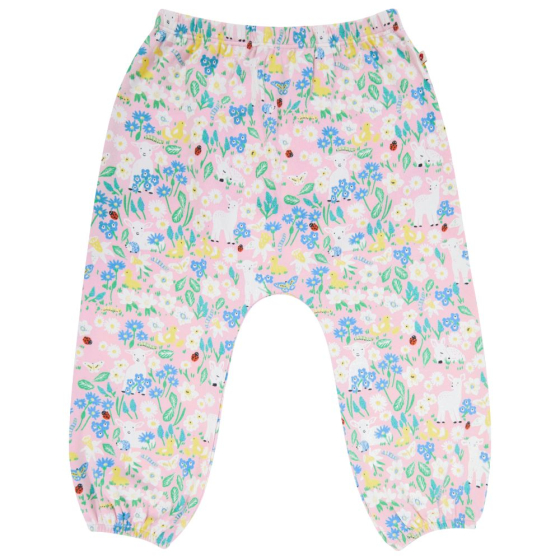 soft pink ruffle bum trousers withthe little lamb print from piccalilly