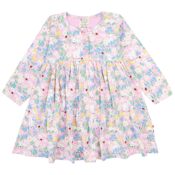 soft pink organic cotton button dress with the little lamb print from piccalilly