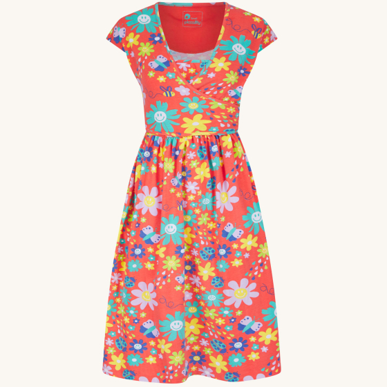 Piccalilly Adult Flower Power Women's Wrap Dress pictured on a plain background 