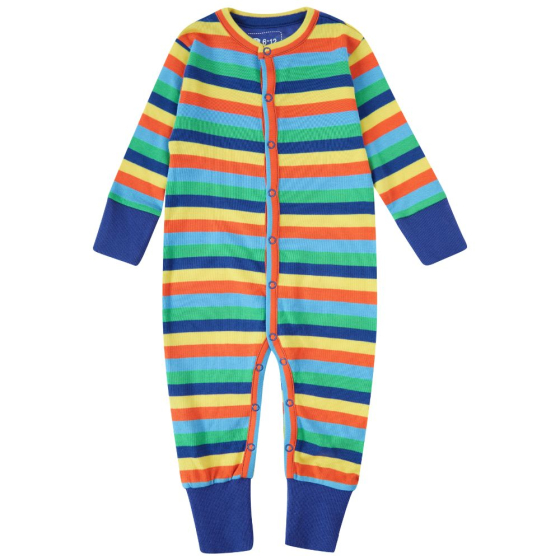 organic cotton footless onesie with a bright rainbow stripe print and stretchy blue cuffs from piccalilly