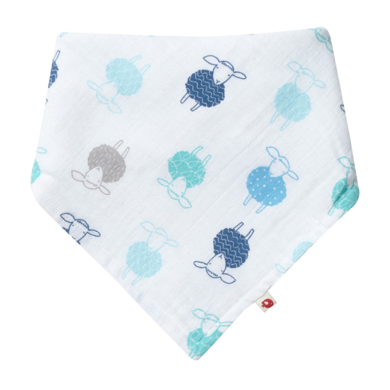 Piccalilly organic cotton baby bandana muslin bib and burp cloth in the sheep print design laid out on a white background