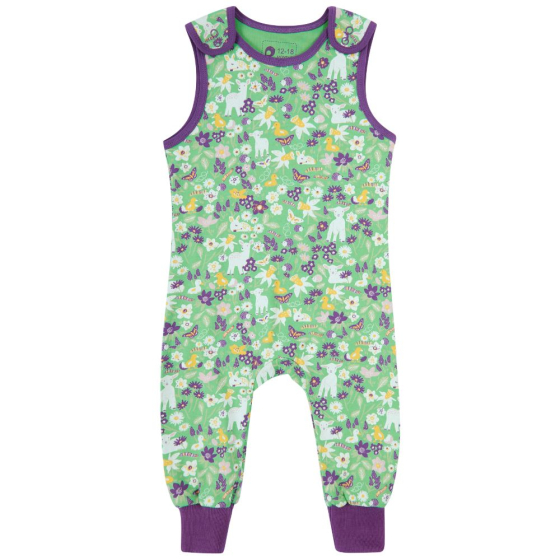 green organic cotton dungarees with the spring meadow print from piccalilly