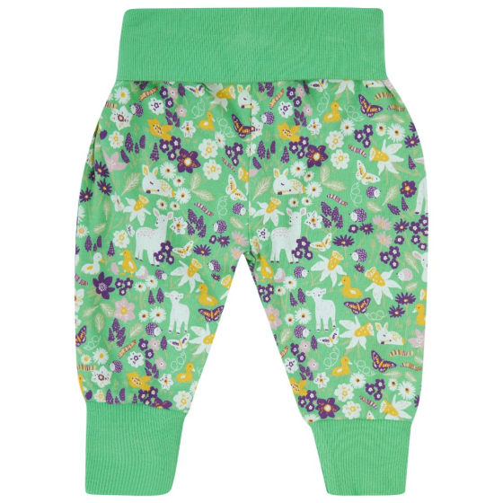 green pull up trousers with the spring meadow print and elasticated waist and cuffs from piccalilly