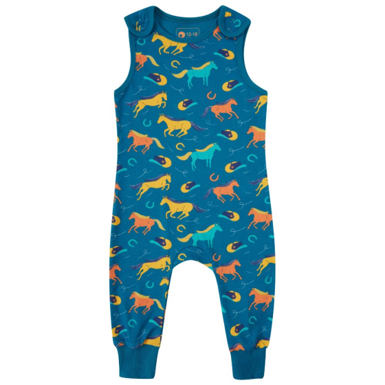 blue organic cotton dungaree with the colourful wild horses print from piccalilly