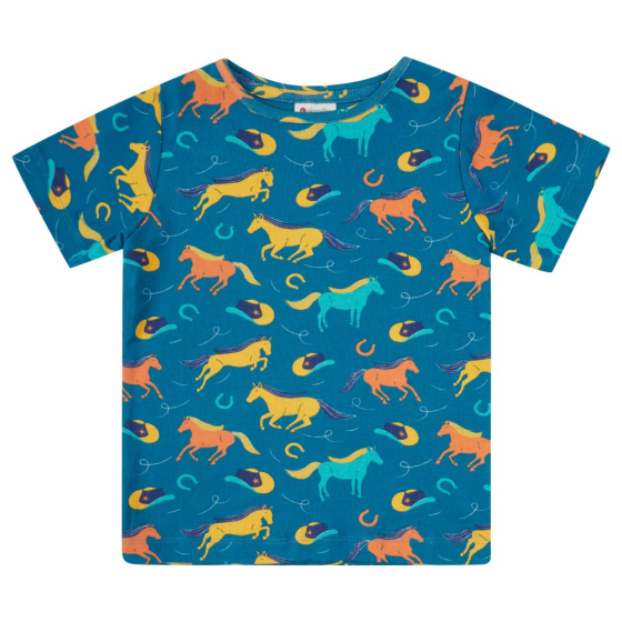 blue organic cotton children t-shirt with wild horses print from piccalilly 