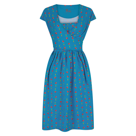 Piccalilly womens blue organic cotton short sleeve wrap dress, with a repeated red parrot print, on a white background