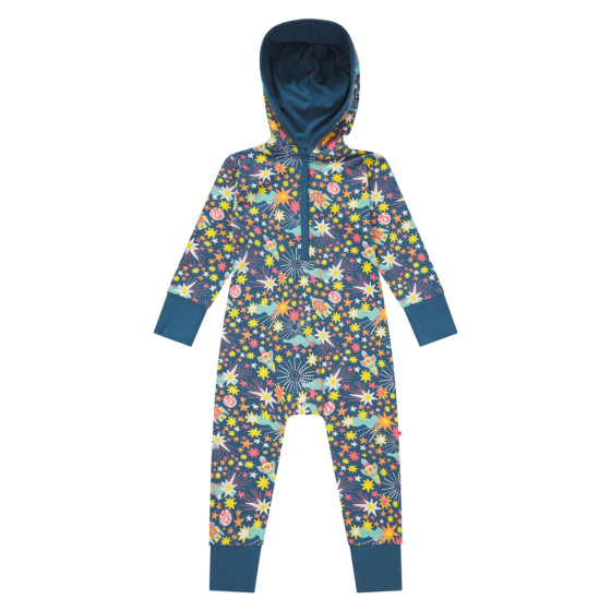 Piccalilly childrens organic cotton hooded playsuit in the galaxy print on a white background