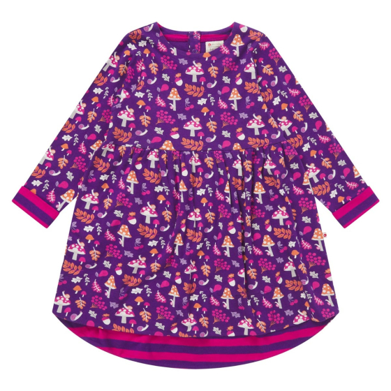Piccalilly childrens organic cotton dropped hem dress in the pink and purple woodland treasures print on a white background