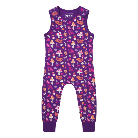 Piccalilly childrens purple organic cotton dungarees in the woodland treasures print on a white background
