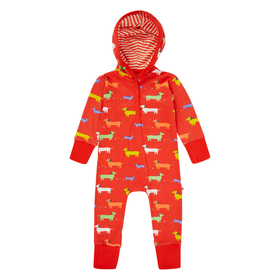 Piccalilly kids red organic cotton hooded playsuit with multicoloured sausage dog prints on a white background