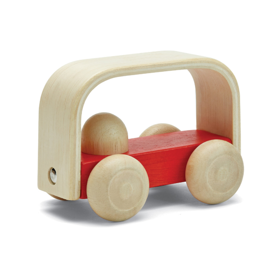 Plan Toys eco-friendly wooden vroom bus toy on a white background