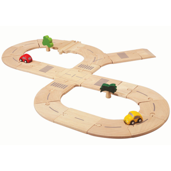 Plan Toys Standard Road System pictured set up in a figure of eight layout on a plain white background