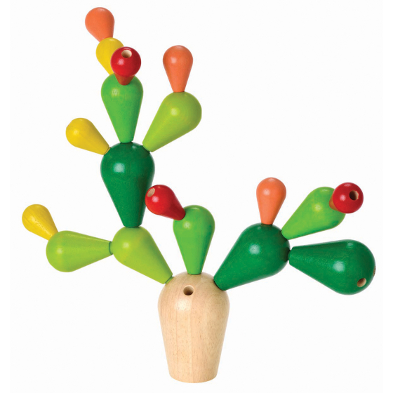 The PlanToys Balancing Cactus game, a wooden balance game for children and adults painted in green, red, yellow and orange on a plain background.