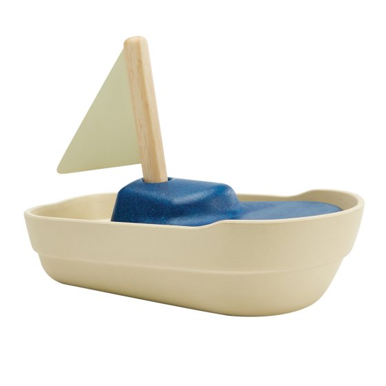 Plantoys eco-friendly wooden sail boat bath toy on a white background