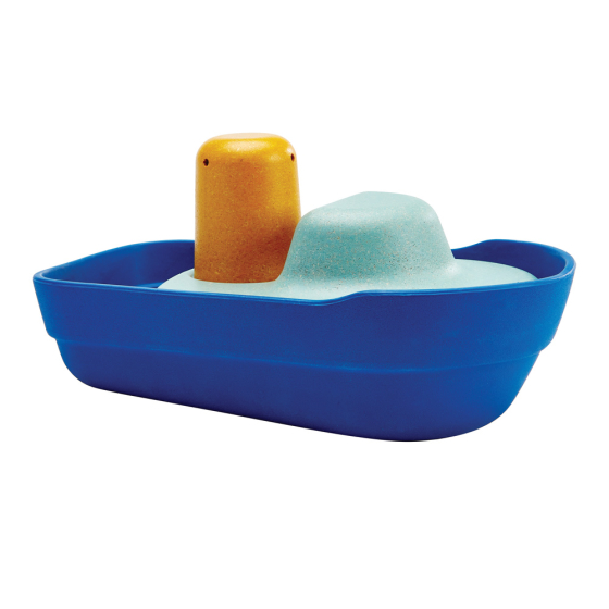 Plantoys eco-friendly wooden tugboat bath toy on a white background
