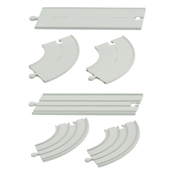 Pieces of the PlanToys eco-friendly flexible rubber road and rail extension pieces on a white background