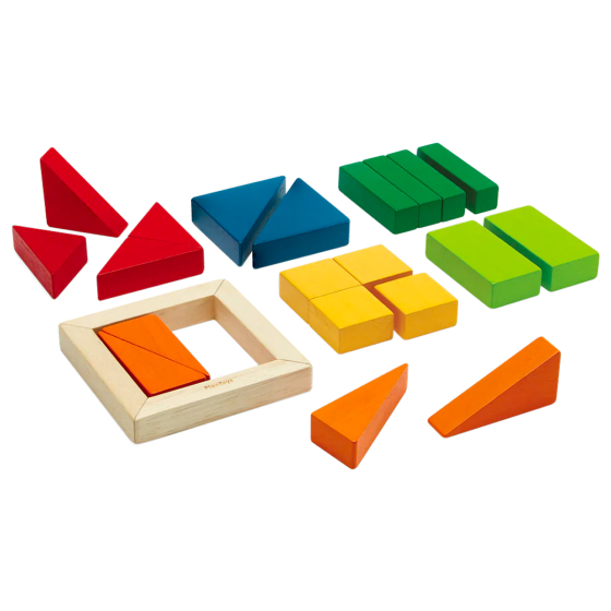 PlanToys children's wooden fraction blocks maths learning set laid out on a white background