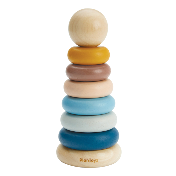 PlanToys plastic-free wooden stacking orchard discs on a white background
