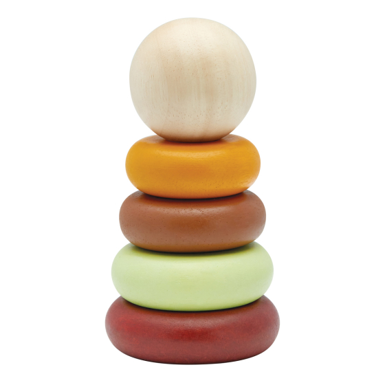 PlanToys childrens plastic-free wooden Stacking Rings toy in the modern rustic colours on a white background