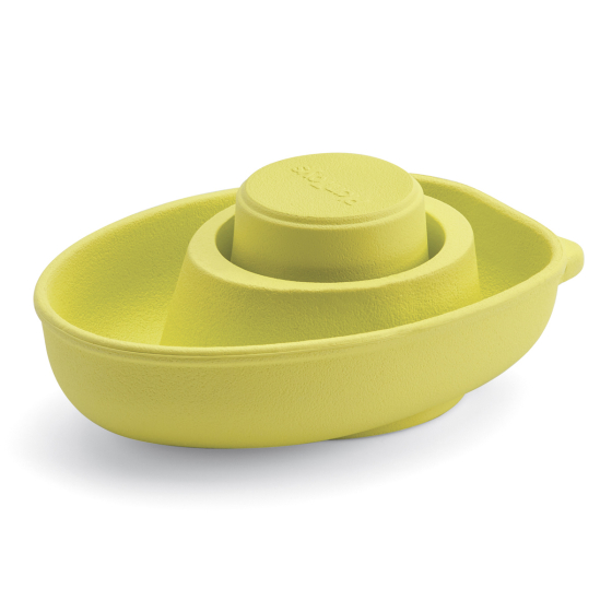 PlanToys natural rubber convertible boat and submarine bath toy in pastel green on a white background