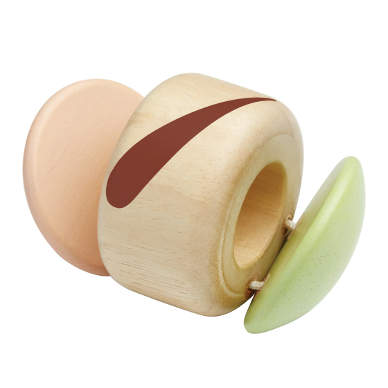 PlanToys plastic-free wooden clapping roller toy on a white background