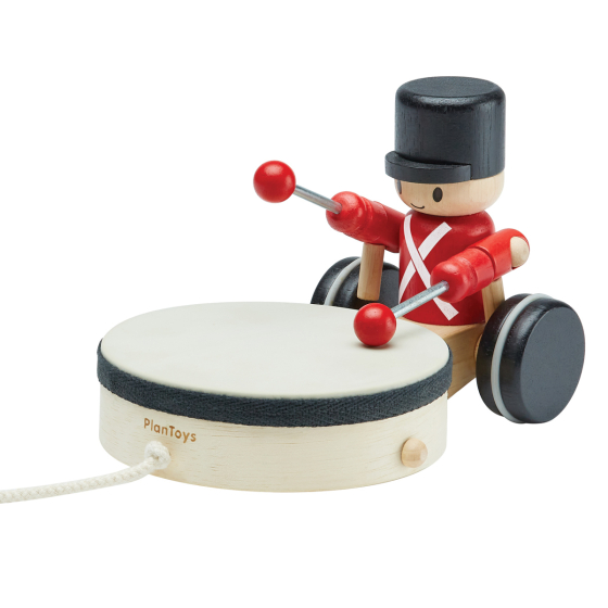 PlanToys kids musical pull along drummer toy on a white background