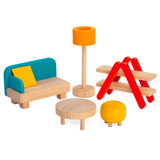 PlanToys modern wooden dolls house furniture toy set on a white background