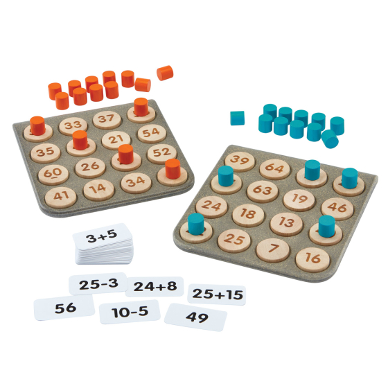 PlanToys kids wooden maths bingo game laid out on a white background
