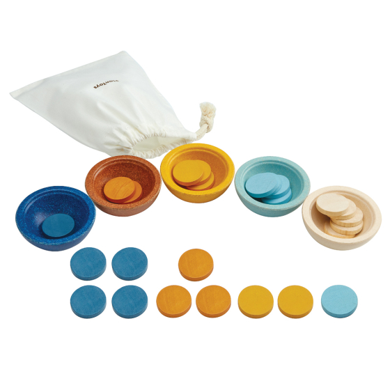 PlanToys children's orchard sorting and counting cups set laid out on a white background