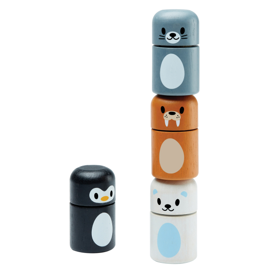 PlanToys kids wooden Arctic animal toys stacked in 2 towers on a white background