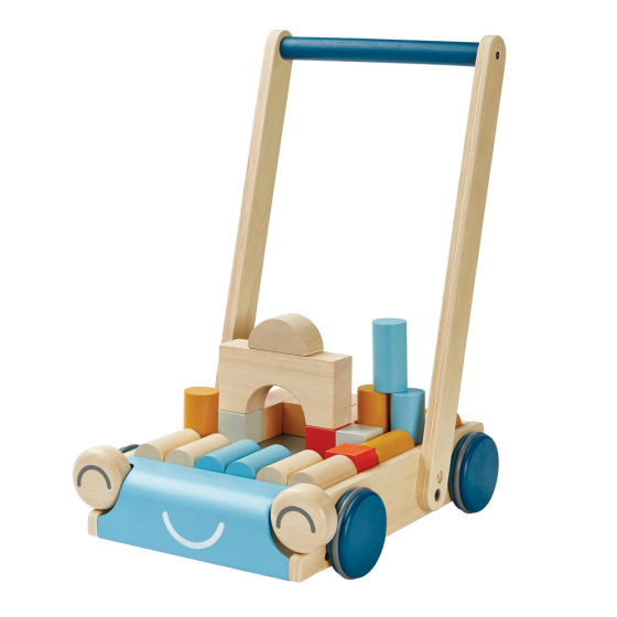 Plan toys eco-friendly wooden baby walker in the orchard colour on a white background
