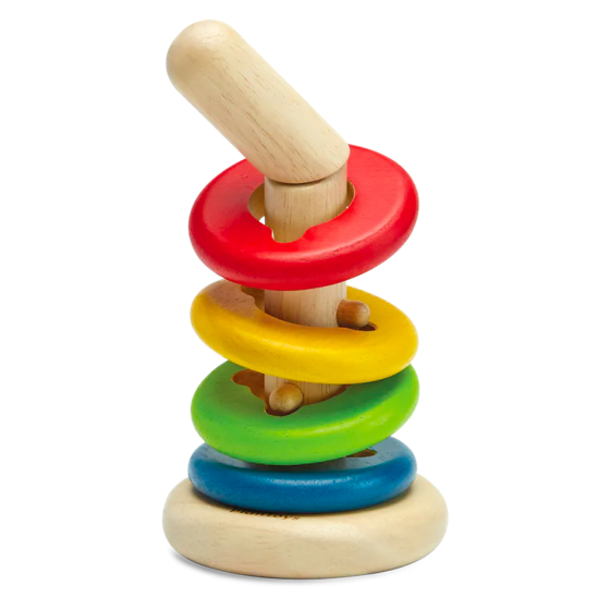 PlanToys wooden twist and sort stacking game on a white background