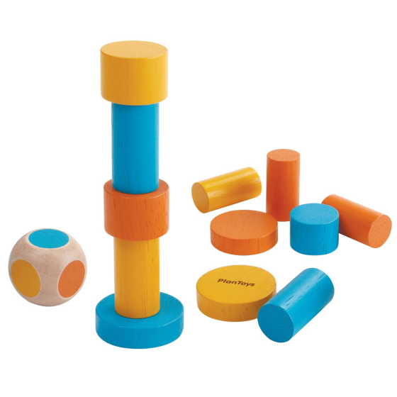 PlanToys Mini Stacking Game, a series of colourful blocks and a dice to stack into a tower. 